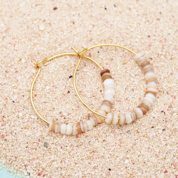 Beach Days White Bead Gold Hoop Earrings